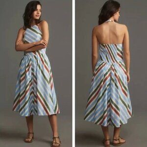 Maeve Anthropologie Halter Midi Sundress Stripe Print A-Line Size XS Women's NWT